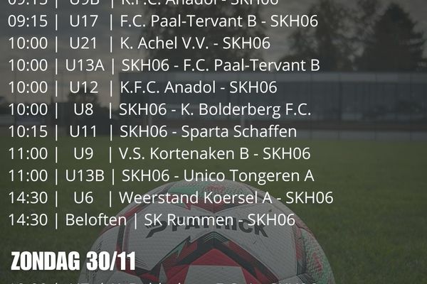 Wedstrijd schema weekend 29 en 30 Novemeber