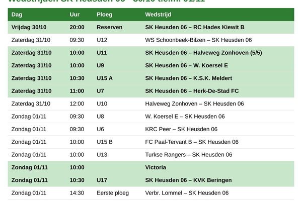 Wedstrijden weekend 30 - 31 OKT + 1 NOV